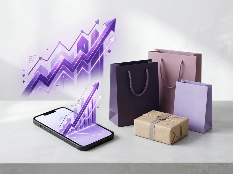 E-commerce concept with shopping bags and rising sales graph