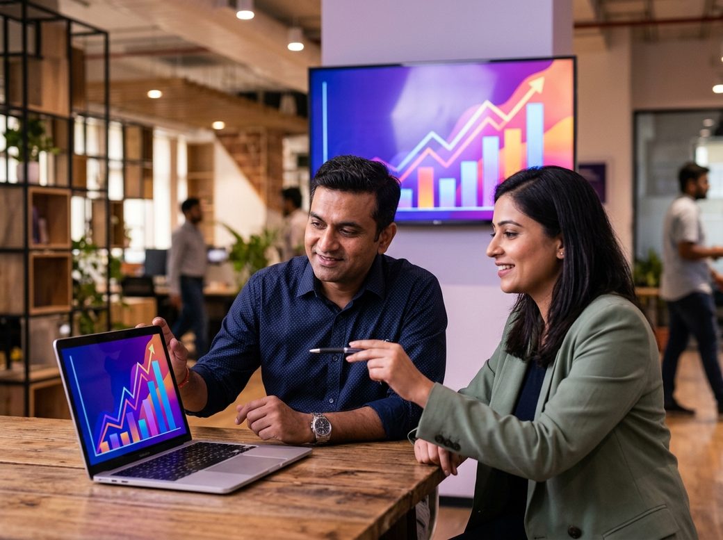 A business owner and Ratawa Technologies strategist reviewing growth results together